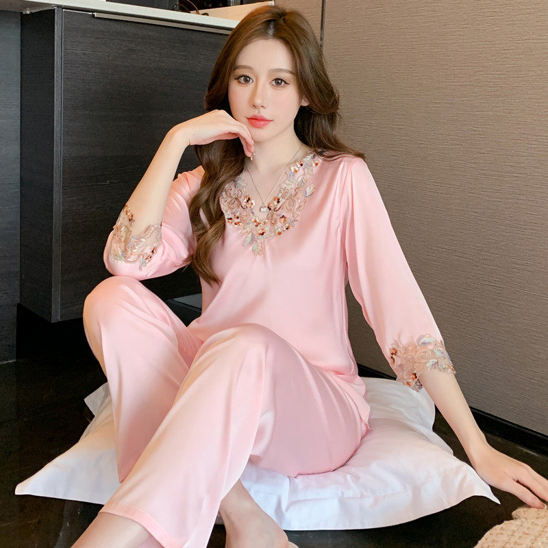 睡衣女夏季2024新款性感蕾丝绸春秋款睡裙薄款冰丝大码套装家居服