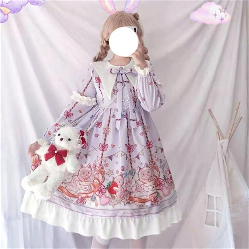原创洛丽塔裙子Lolita猫咪聚会洋装裙宽松学生可爱长袖连衣裙女