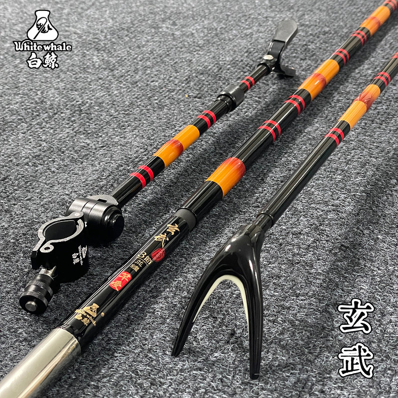 新品白鲸玄武超硬超轻碳素支架抄网杆黑红仿竹三节并继插节钓鱼