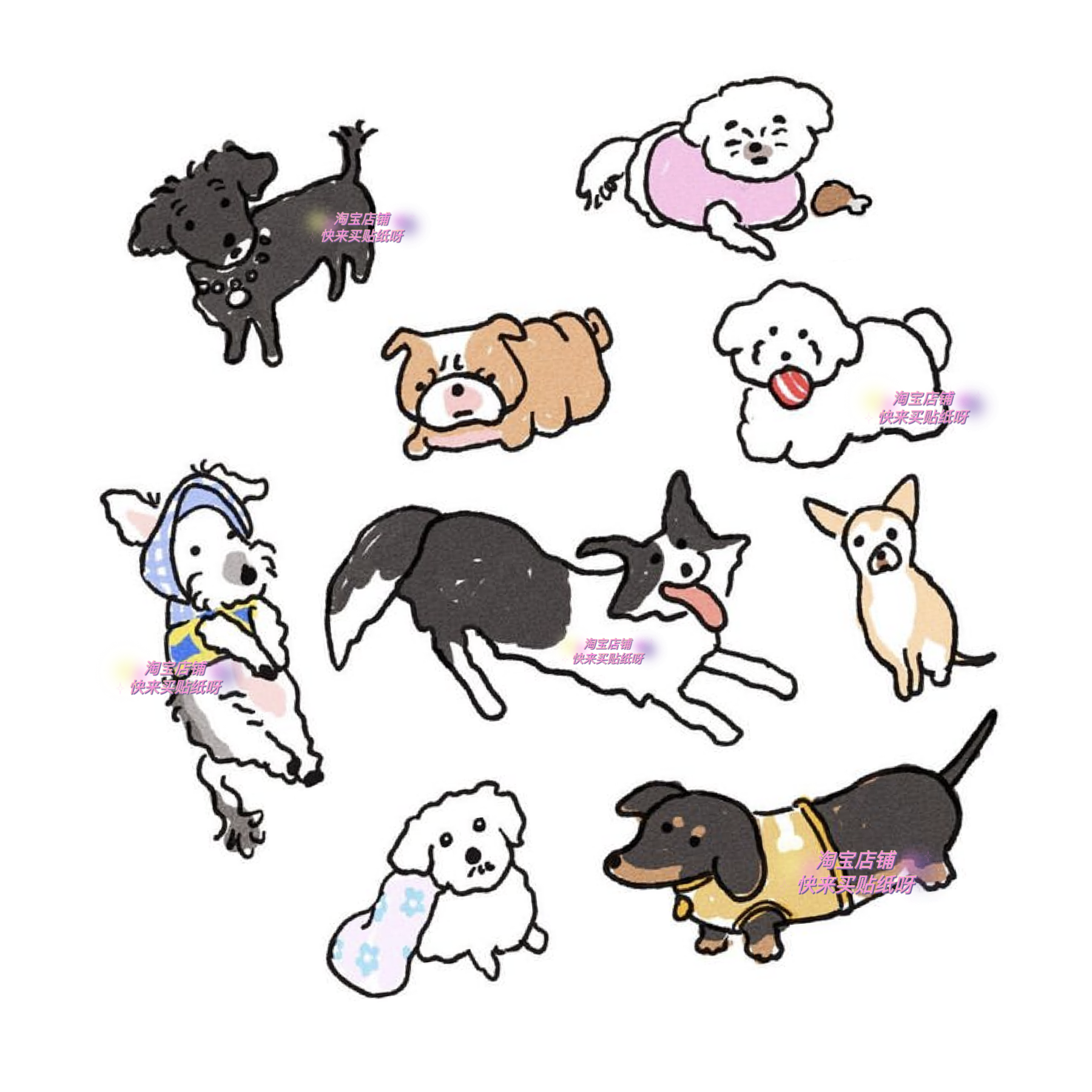 9只可爱小狗油画棒彩色纹身贴防水持久手绘仿真贴纸ins卡通修狗勾