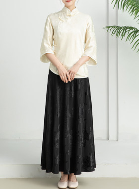 2023年春秋款新品白色复古文艺短款旗袍上衣气质新中式国风套装裙