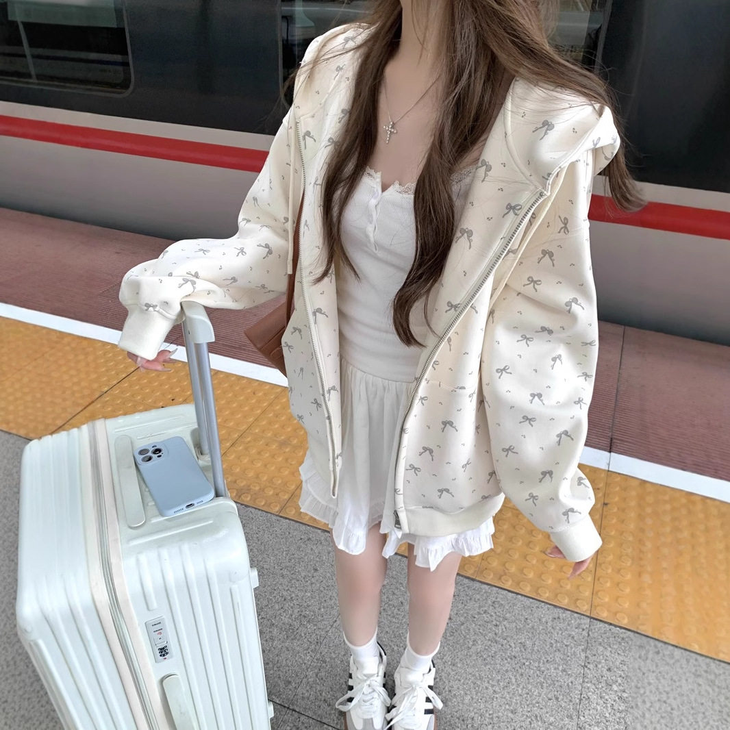 学院风蝴蝶结卫衣外套女秋冬款韩版拉链连帽宽松休闲百搭开衫上衣