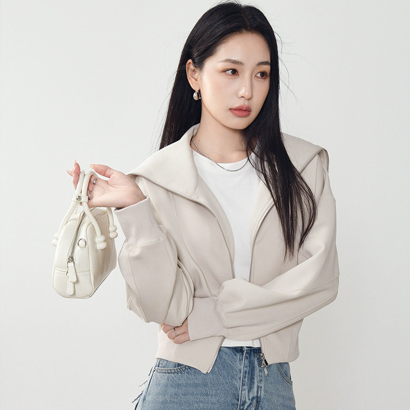 2025早秋新款海军领气质纯色修身拉链卫衣短款棉质时尚休闲外套女