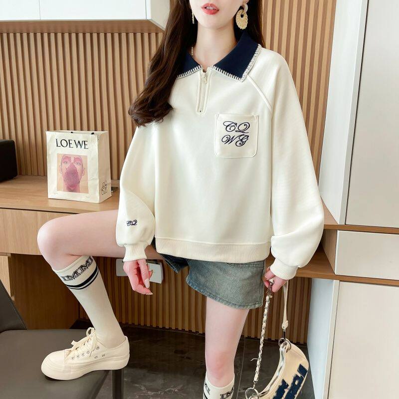 半拉链polo领卫衣女春秋款韩版设计感洋气拼接百搭学生不加绒上衣