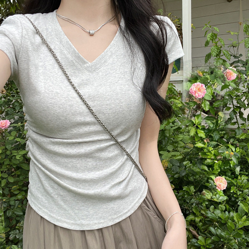 纯棉正肩V领短袖T恤女2026新款春夏季百搭修身小个子短款辣妹上衣