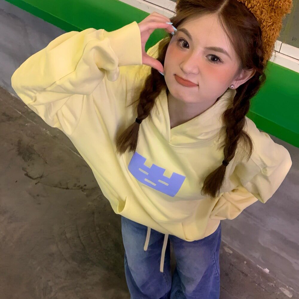 宽松薄连帽卫衣女带帽上衣帽衫国潮牌小清新运动美式复古慵懒风