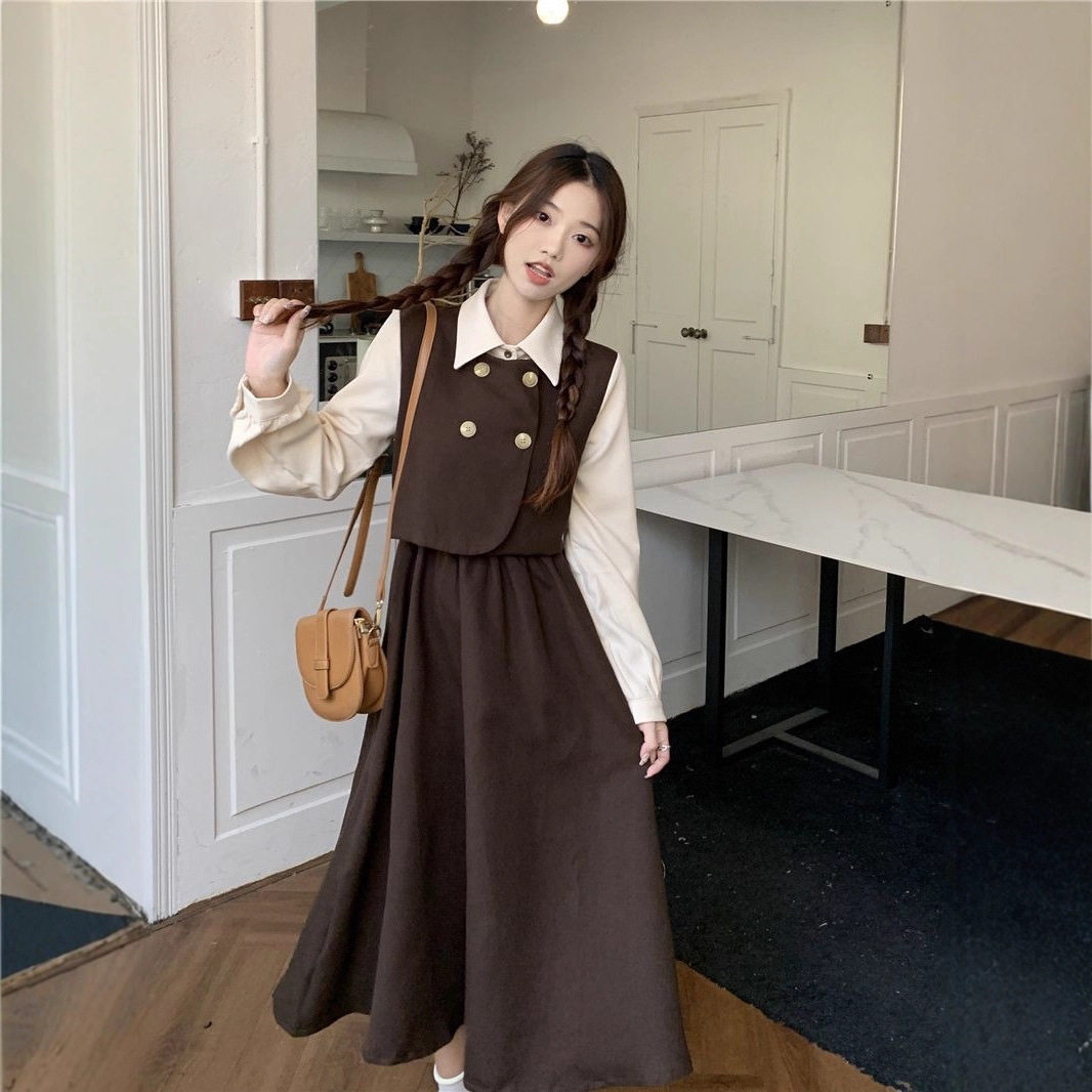 2026春款假两件长袖连衣裙女装秋冬季新款法式复古气质收腰裙子女