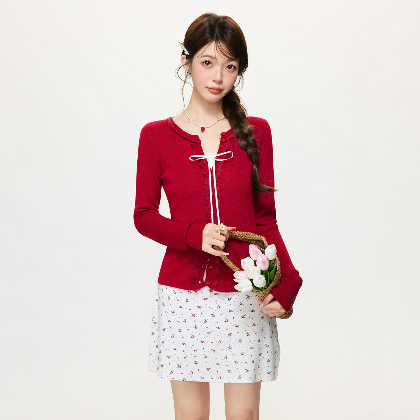 2026春款红色短款针织开衫女外套小个子修身显瘦气质韩系长袖上衣