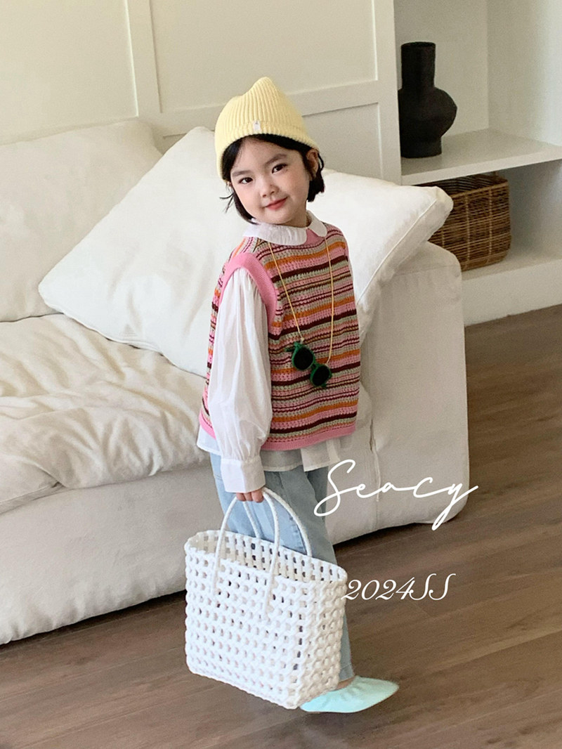 韩国童装2024春秋款女童洋气小翻领白色娃娃衫晕染针织马甲背心潮