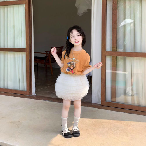 女童夏季套装2026新款韩版休闲卡通短袖T恤儿童洋气短裙白色纱裙