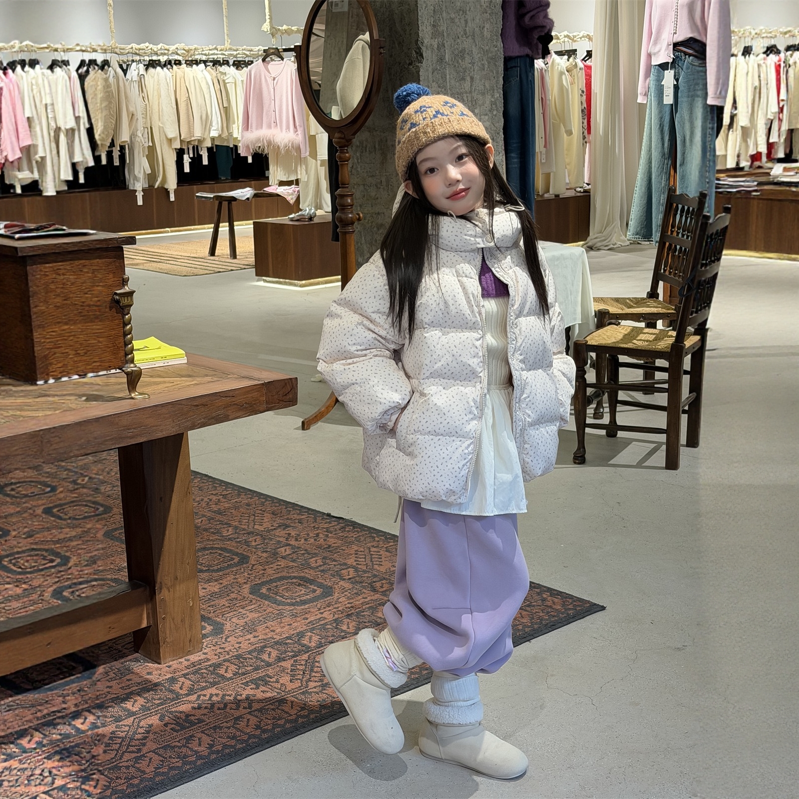 韩国羽绒衣2025冬款女童洋气波点连帽白鸭绒外套儿童面包羽绒服潮