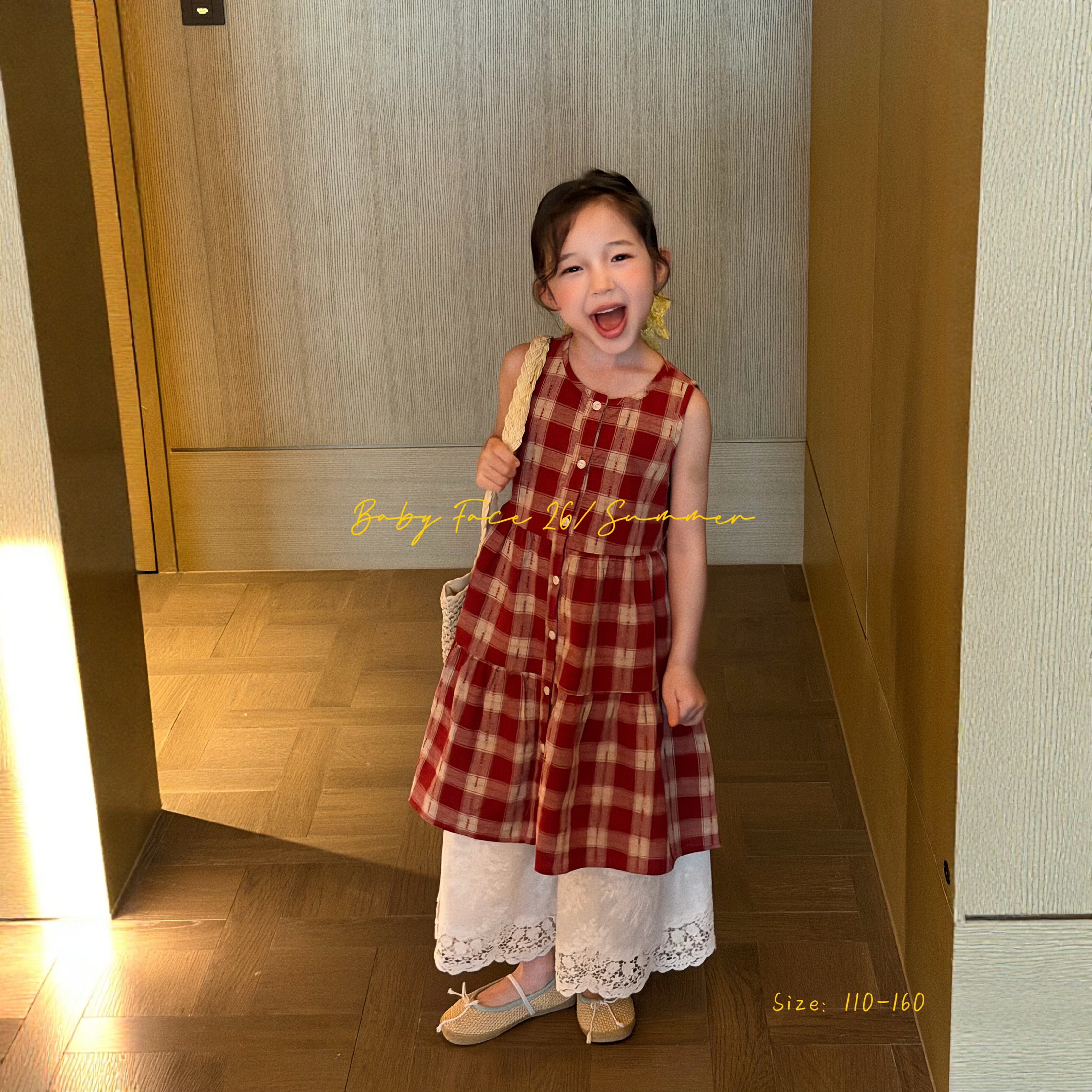 女童韩版格子背心裙2026夏洋气连衣裙时髦蕾丝阔腿裤八分裤两件套