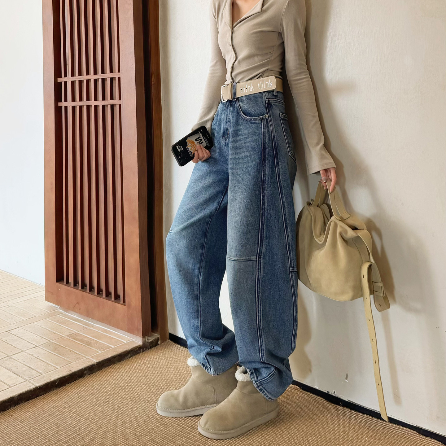 2026春新款蓝色阔腿牛仔裤女宽松高腰显瘦高个子长裤弯刀裤拖地裤