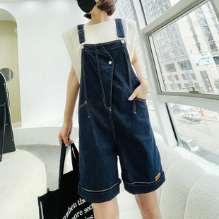 女卷边宽松阔腿休闲连体五分裤 减龄蓝色牛仔背带短裤 新款 2023夏季