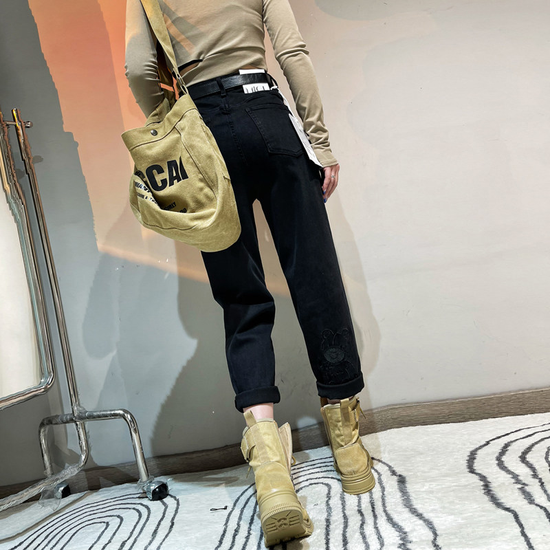 2023春季新款黑色牛仔萝卜裤女宽松高腰显瘦小熊刺绣哈伦老爹裤子