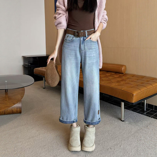 冬季新款浅蓝色加绒直筒牛仔裤女高腰弹力九分小个子法棍裤烟管裤