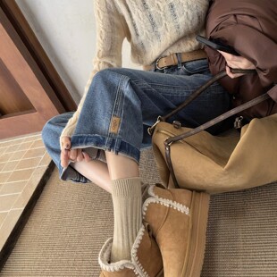 欧货春新款蓝色直筒牛仔裤女九分高腰显瘦小个子窄版法棍裤烟管裤