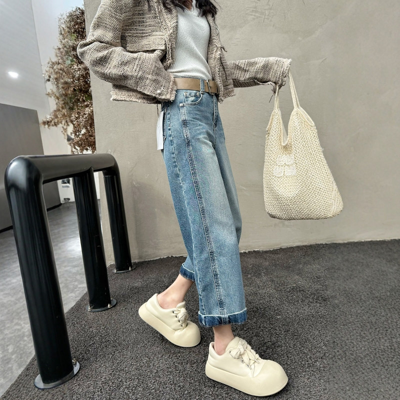 2026蓝色阔腿牛仔裤女直筒九分小个子宽松显瘦高腰显瘦法棍烟管裤