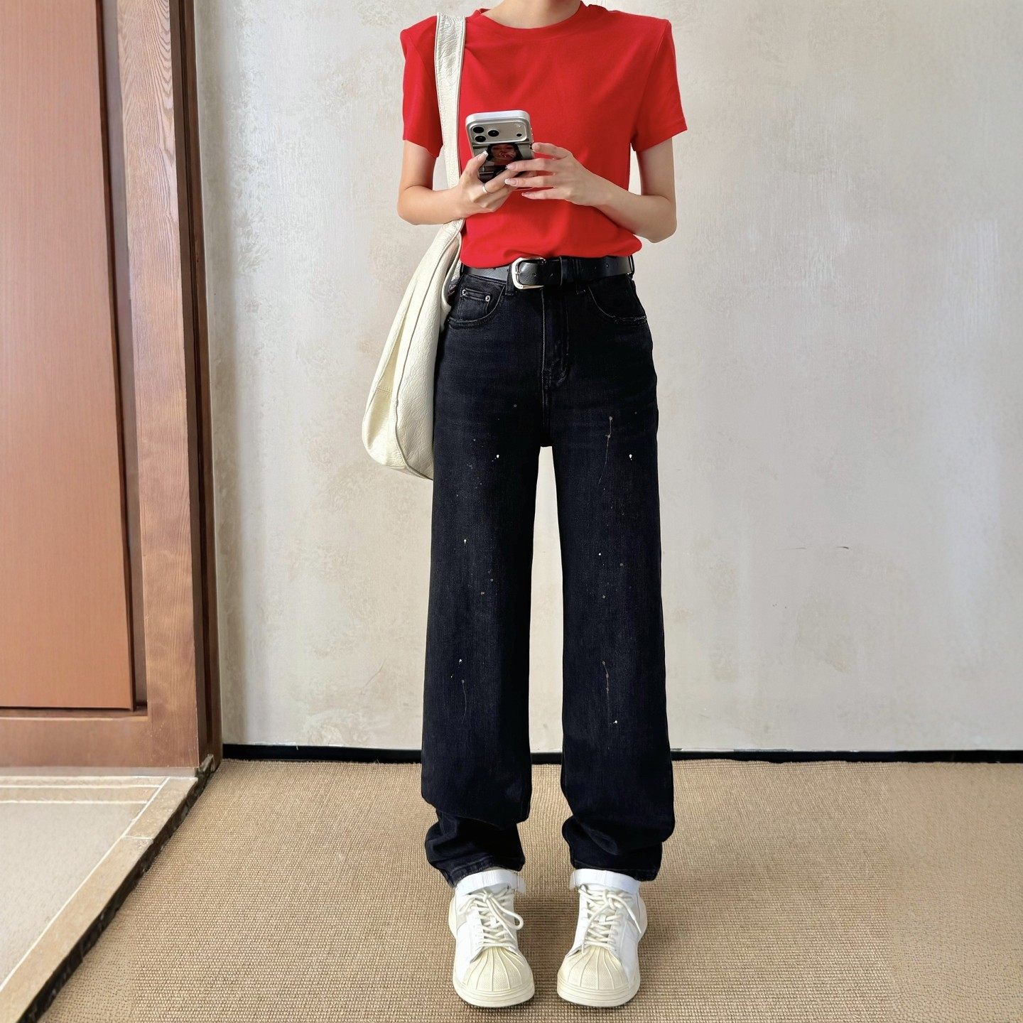 春季黑色甩漆直筒牛仔裤女阔腿窄版高腰显瘦高个子垂感长裤拖地裤