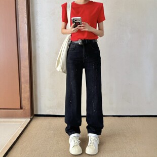 春季黑色甩漆直筒牛仔裤女阔腿窄版高腰显瘦高个子垂感长裤拖地裤