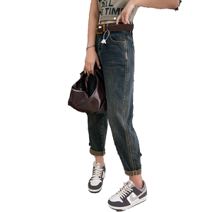 欧货春秋新款复古蓝色牛仔裤女冬加绒宽松高腰显瘦哈伦萝卜裤垮裤