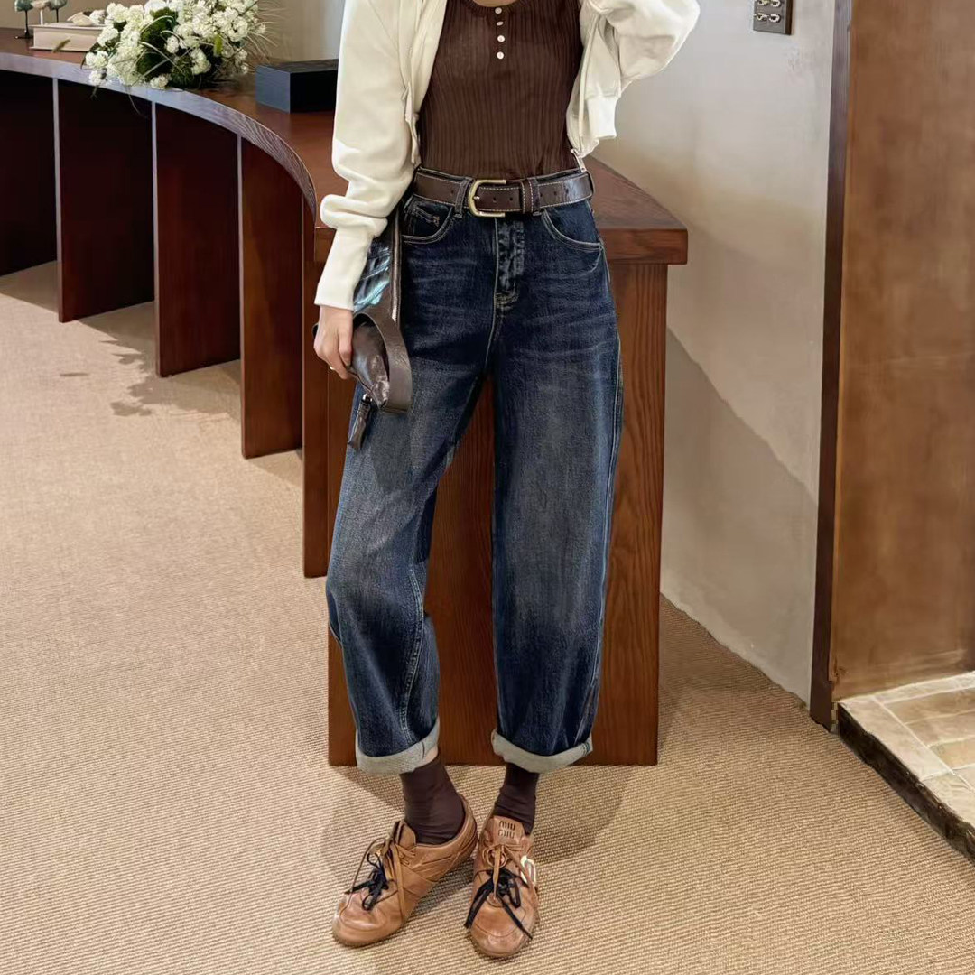 2026春秋新款蓝色牛仔阔腿裤女宽松高腰九分大码休闲哈伦老爹裤子