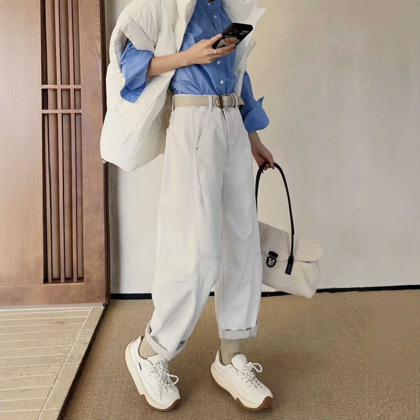 米灰色阔腿牛仔裤女春新款弯刀裤九分宽松高腰显瘦休闲哈伦奶奶裤