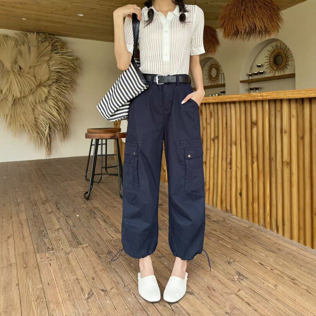 2026春夏新款藏青色工装裤女宽松高腰裤脚抽绳九分阔腿休闲直筒裤