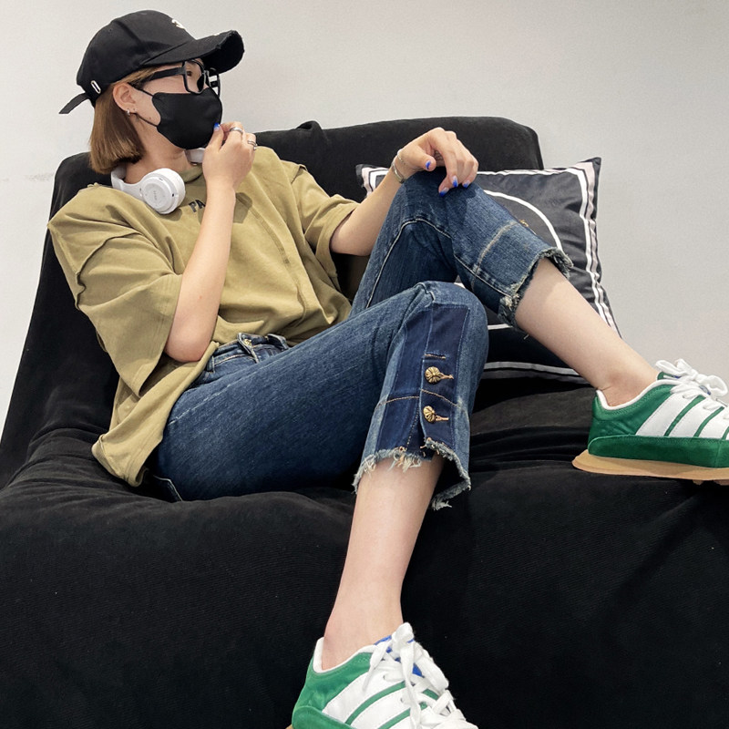 稻语春秋新款蓝色牛仔烟管裤女小个子高腰弹力显瘦八九分直筒裤子