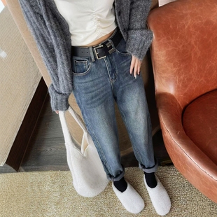 女宽松高腰加厚保暖哈伦老爹裤 蓝色加绒牛仔萝卜裤 子 新款 2025冬季