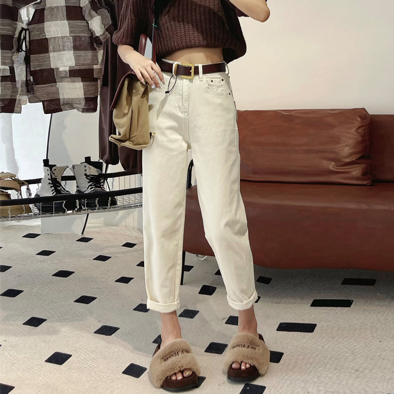 2024秋冬新款米杏色休闲牛仔萝卜裤女加绒宽松高腰大码哈伦老爹裤