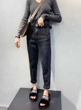 2025新款黑色加绒加厚牛仔裤女秋冬高腰大码显瘦哈伦萝卜裤子垮裤