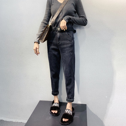 2024新款黑色加绒加厚牛仔裤女秋冬高腰大码显瘦哈伦萝卜裤子垮裤