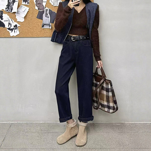 冬季新款加绒加厚藏青色直筒牛仔裤女高腰九分小个子法棍裤烟管裤
