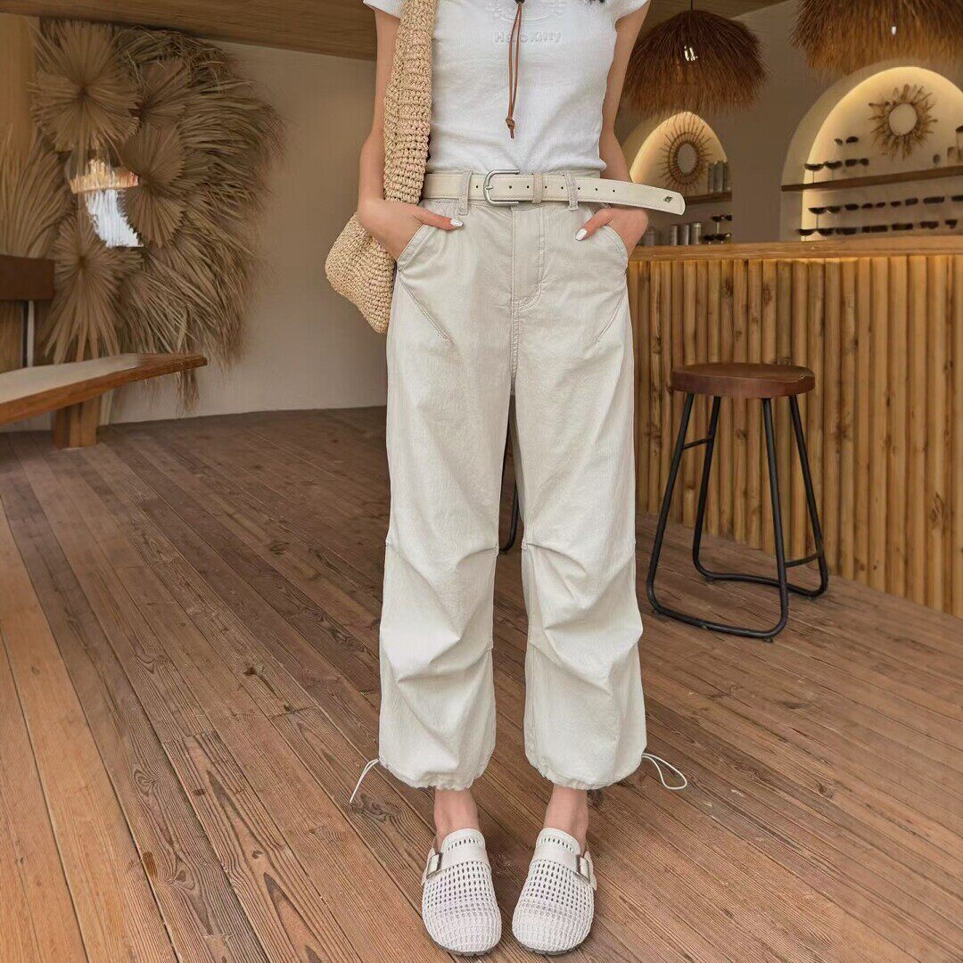 春夏新款卡其色阔腿休闲工装裤女宽松八分小个子束脚抽绳直筒裤子
