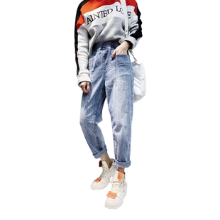欧货春秋新款浅色牛仔裤女宽松韩版显瘦高腰阔腿老爹裤哈伦垮裤潮