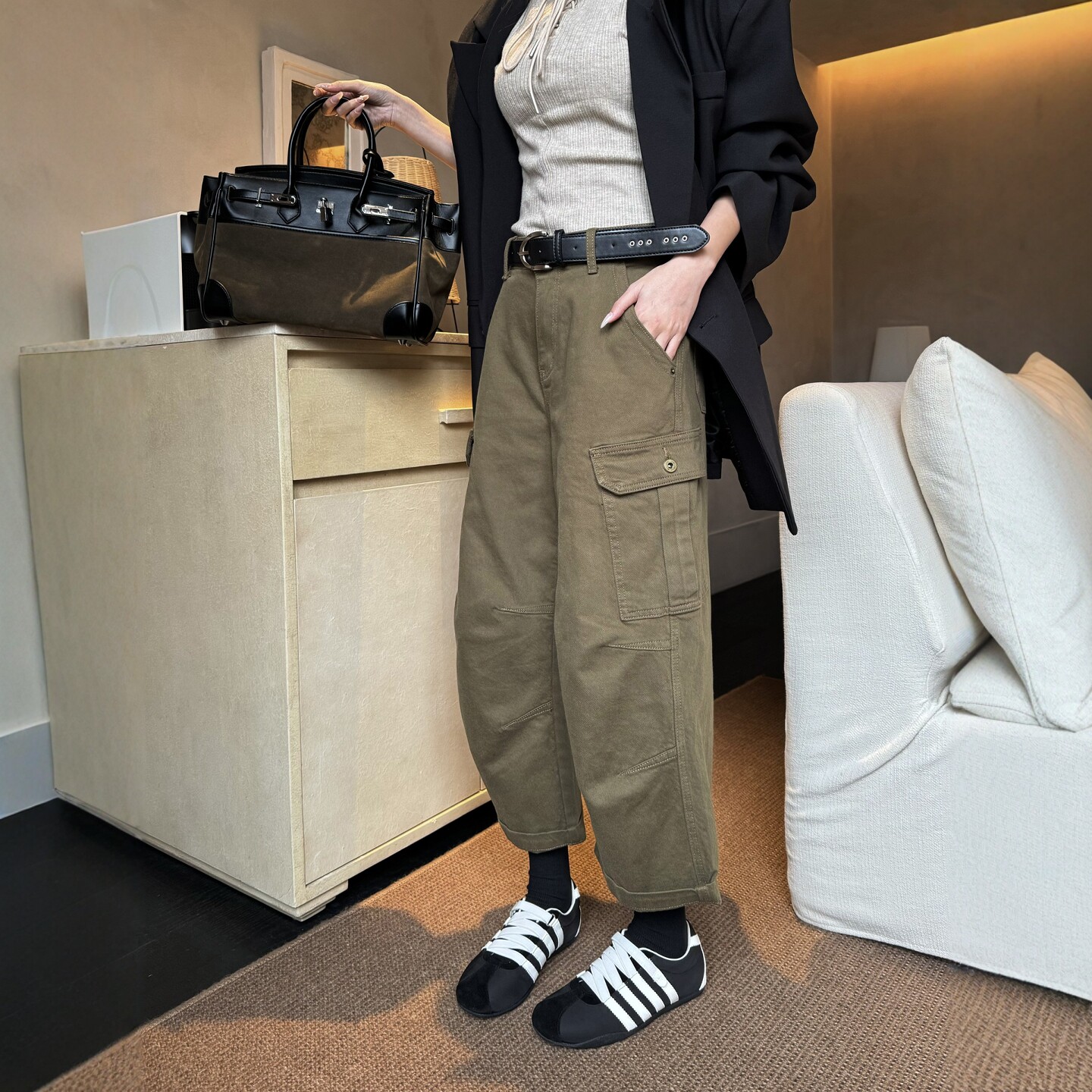 秋季高腰显瘦多口袋工装阔腿裤女