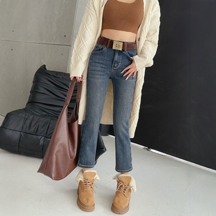 欧货秋冬新款蓝色加绒牛仔烟管裤女高腰显瘦九分修身窄版直筒裤子