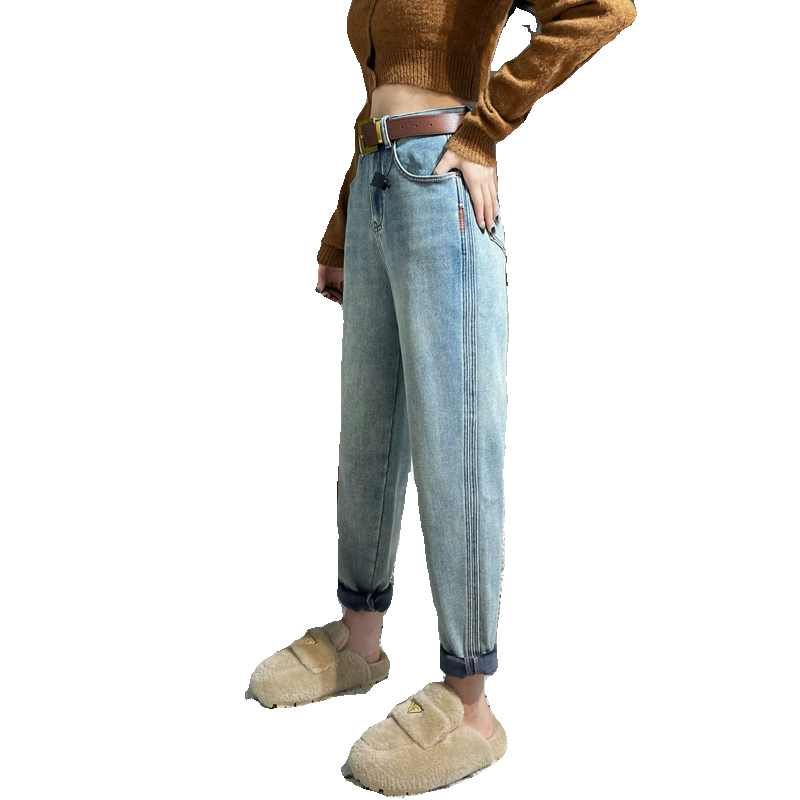 冬季新款加绒加厚牛仔萝卜裤女浅蓝色高腰显瘦哈伦老爹裤休闲垮裤