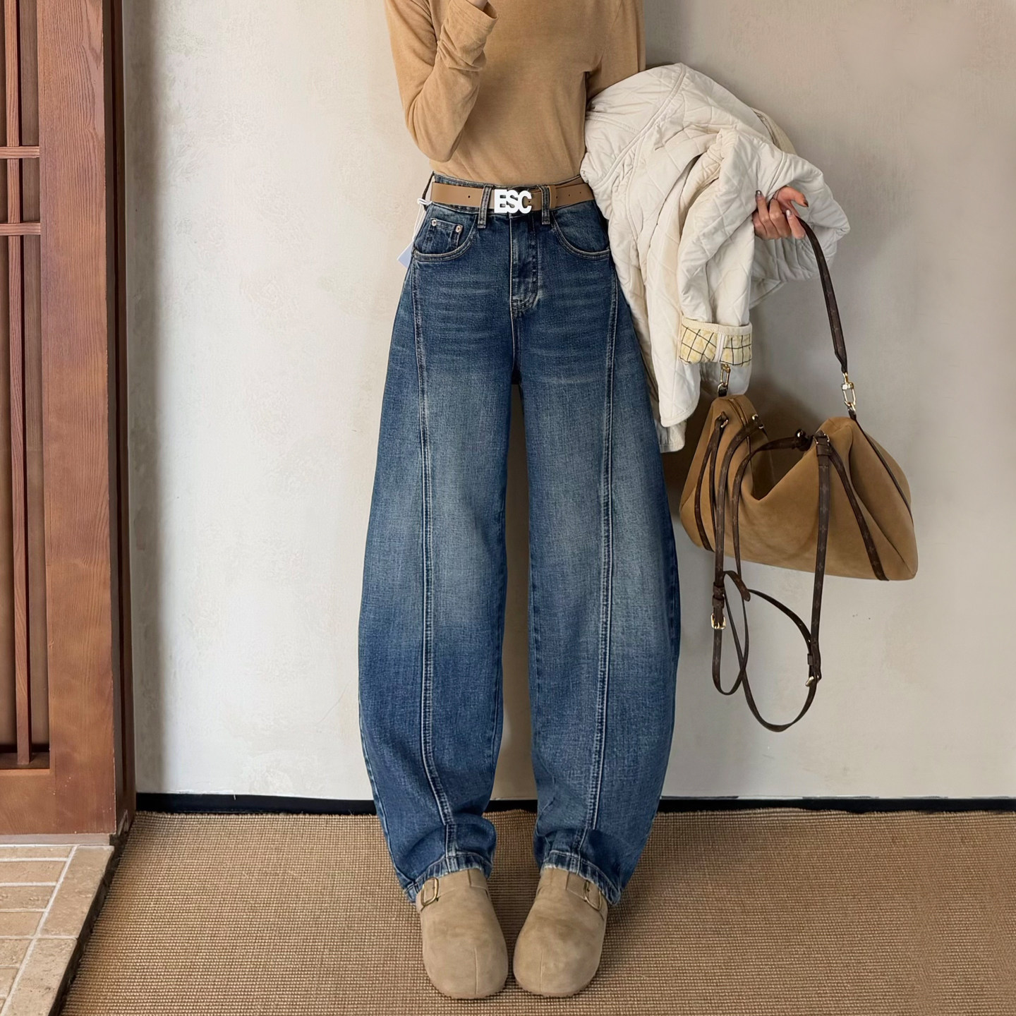 2026早春新款蓝色阔腿牛仔裤女宽松高个子垂感长裤休闲弯刀拖地裤