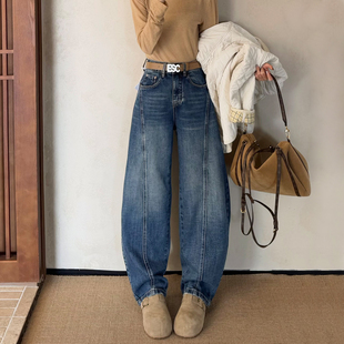 2026早春新款蓝色阔腿牛仔裤女宽松高个子垂感长裤休闲弯刀拖地裤