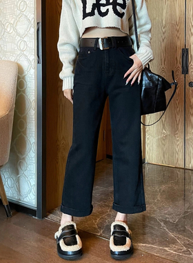 春新款黑色直筒牛仔裤女九分小个子高腰显瘦窄版阔腿裤休闲法棍裤