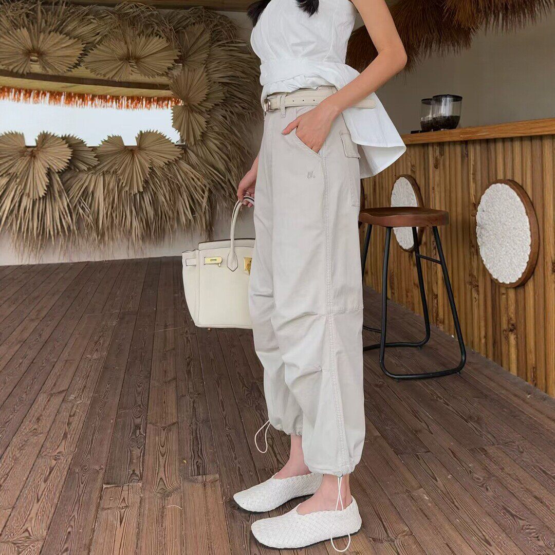 夏季米茶色高腰束脚工装裤女薄款