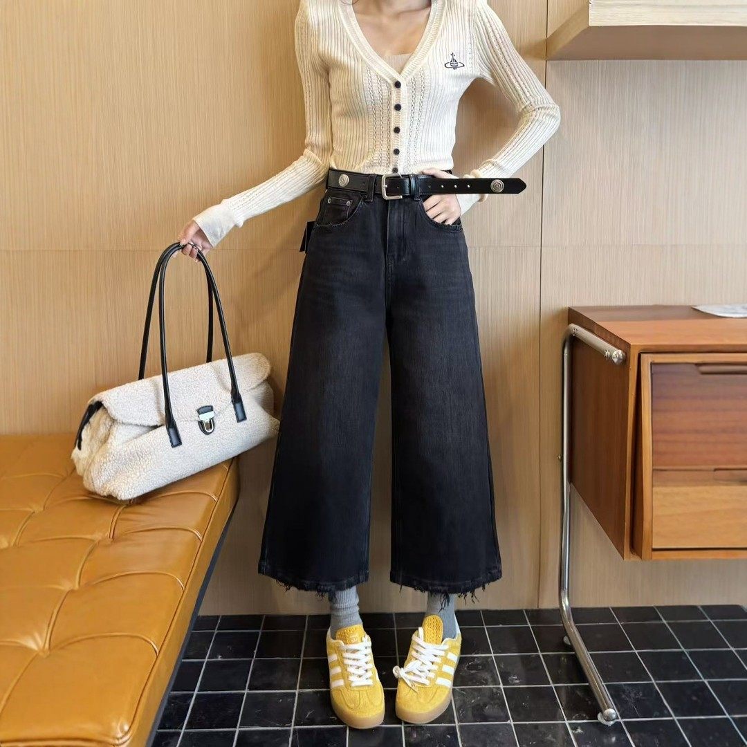 2026春新款黑色阔腿牛仔裤女小个子八九分宽松高腰休闲窄版直筒裤