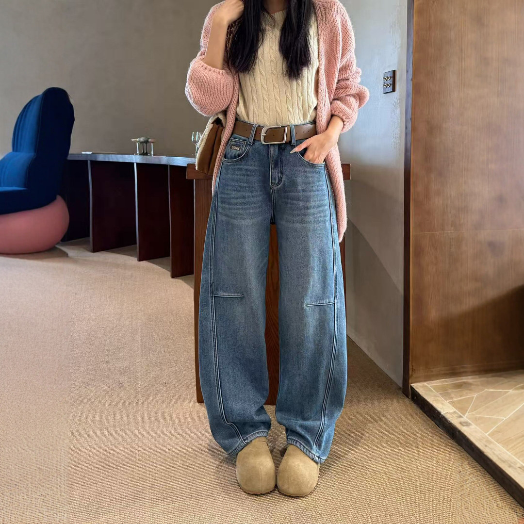 冬季新款蓝色加绒阔腿牛仔裤女宽松高腰大码休闲弯刀裤拖地裤长裤,女装/女士精品,牛仔裤,淘宝优惠券,粉丝福利购,淘宝优惠卷