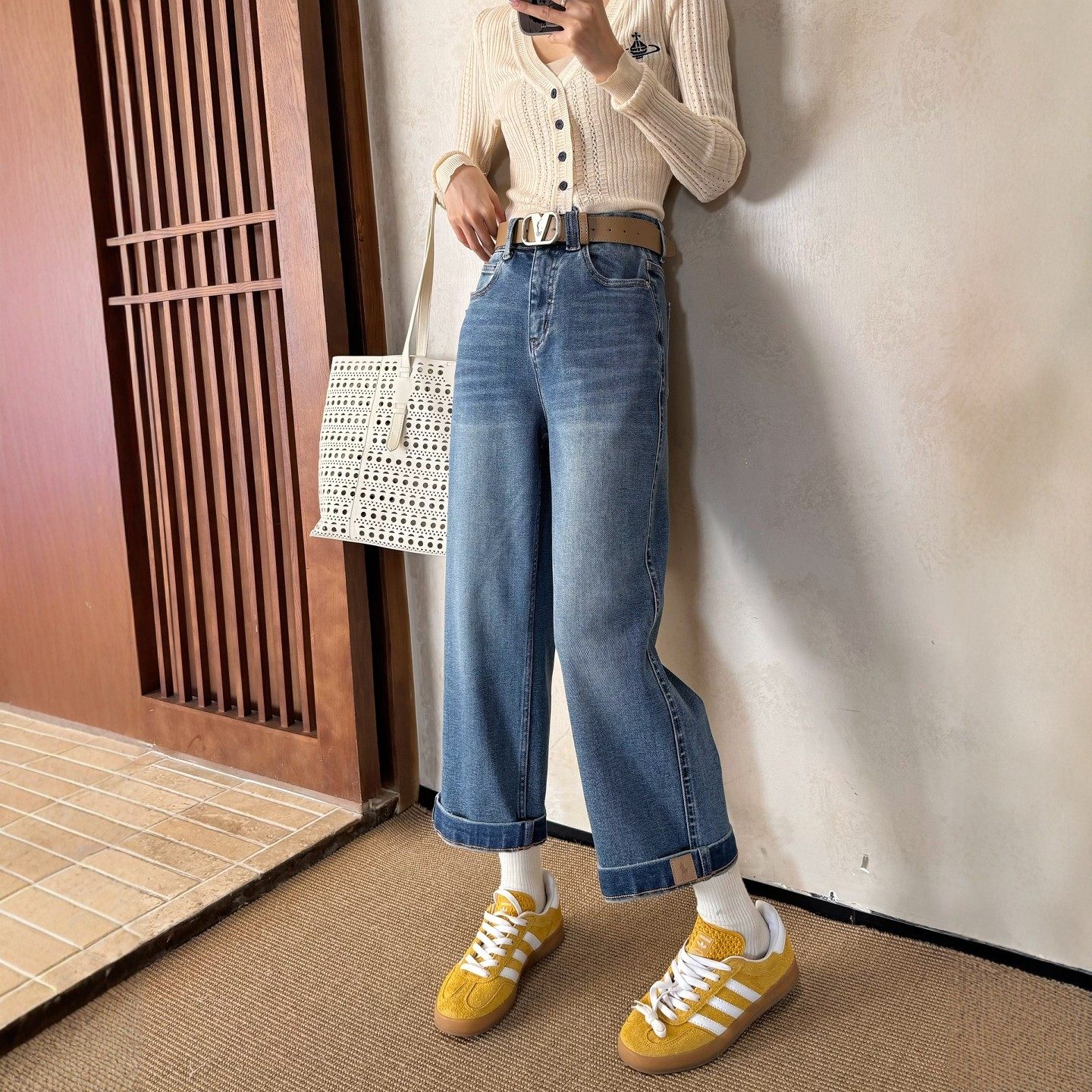 春新款蓝色直筒牛仔裤女高腰显瘦翻边九分小个子窄版法棍裤烟管裤