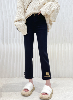 春秋新款黑色牛仔直筒裤女修身高腰显瘦八分小个子窄版休闲烟管裤