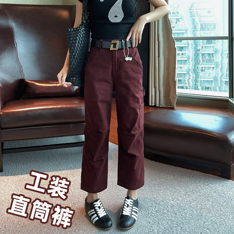 欧货秋季新款酒红色阔腿牛仔裤女小个子八九分宽松工装休闲直筒裤