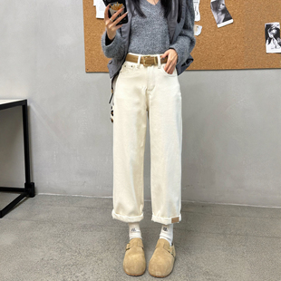 冬季新款杏色直筒牛仔裤女加绒加厚高腰显瘦九分小个子窄版法棍裤