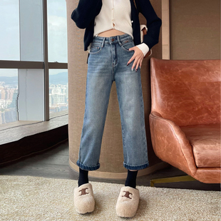 冬季新款蓝色加绒加厚直筒牛仔裤女九分高腰宽松显瘦窄版法棍裤子